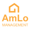 AmLo Management logo with gold house icon on dark background