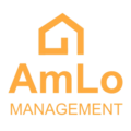 AmLo Management logo with gold house icon on dark background