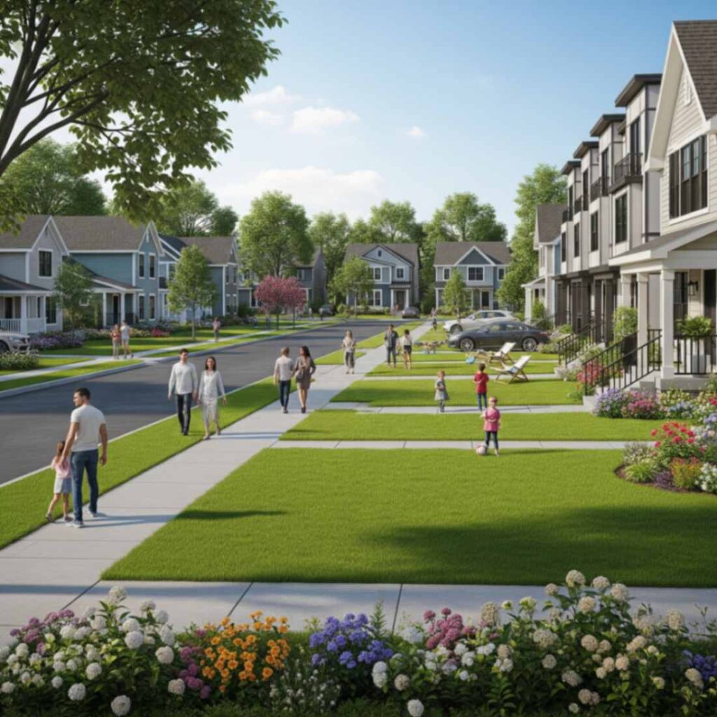 Families walking in a clean, well-managed HOA neighborhood