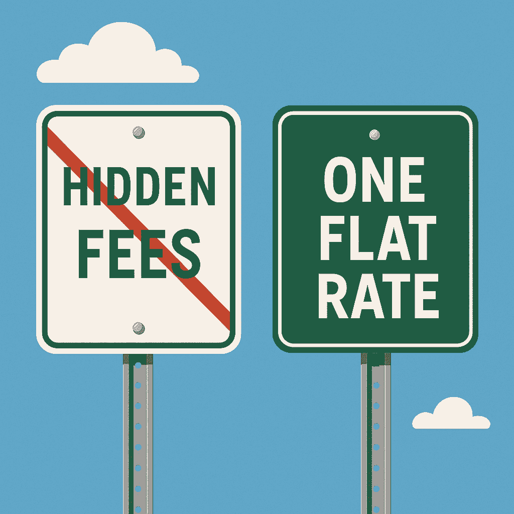 Two road signs showing “Hidden Fees” crossed out and “One Flat Rate”