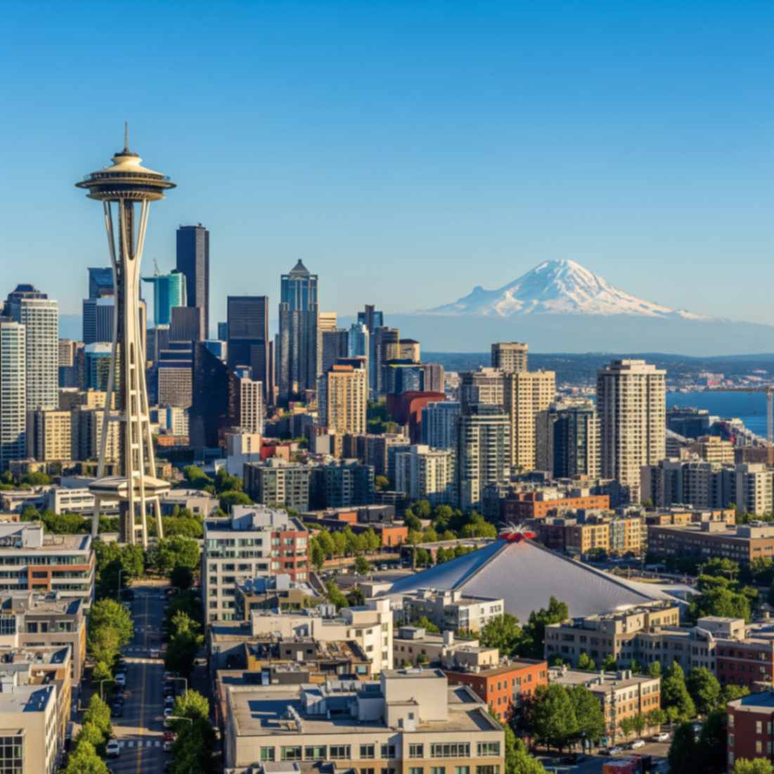 Seattle skyline with Space Needle and Mount Rainier in background