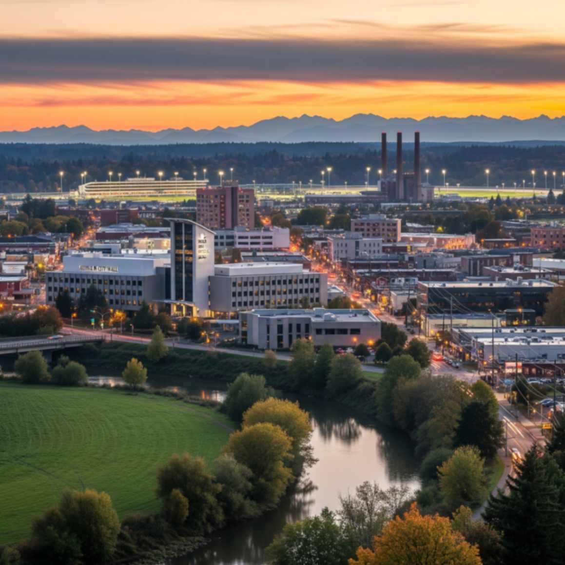 Auburn, WA city skyline at sunset with city hall and river view