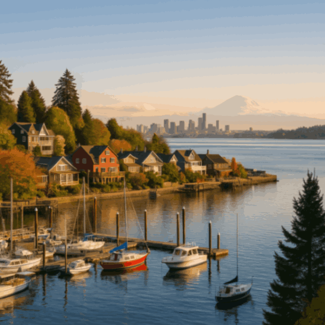 Bainbridge Island, WA waterfront homes and marina with Seattle skyline and Mount Rainier in background