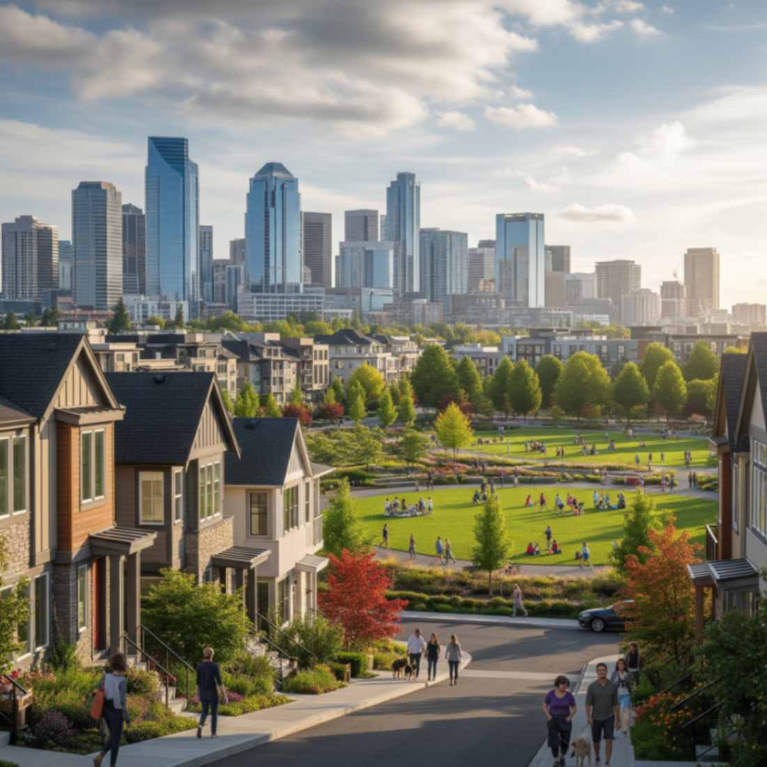 Bellevue, WA skyline with modern homes and community park in foreground