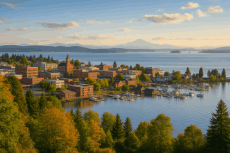 Bellingham, WA waterfront with marina, downtown red brick buildings, and San Juan Islands in background