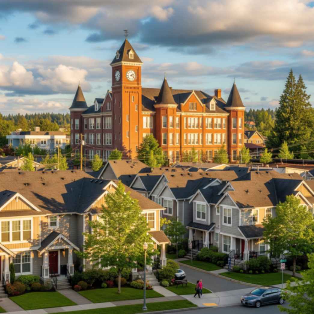 Bothell, WA downtown with historic red clock tower and nearby residential neighborhood