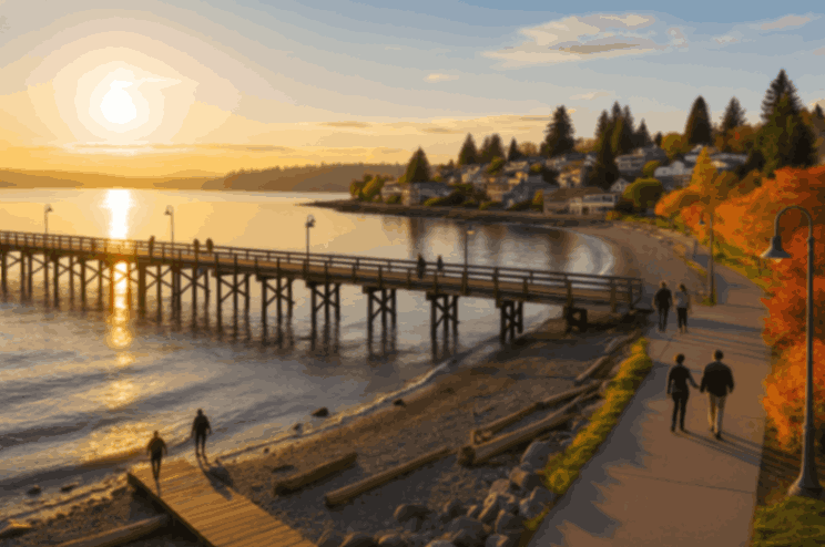 Edmonds, WA waterfront pier with people walking at sunset and autumn foliage