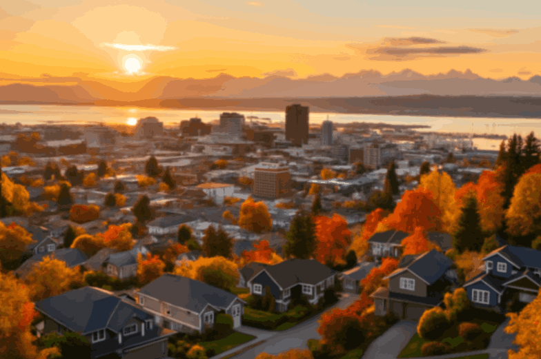Everett, WA city skyline with marina, autumn trees, and Olympic Mountains at sunset