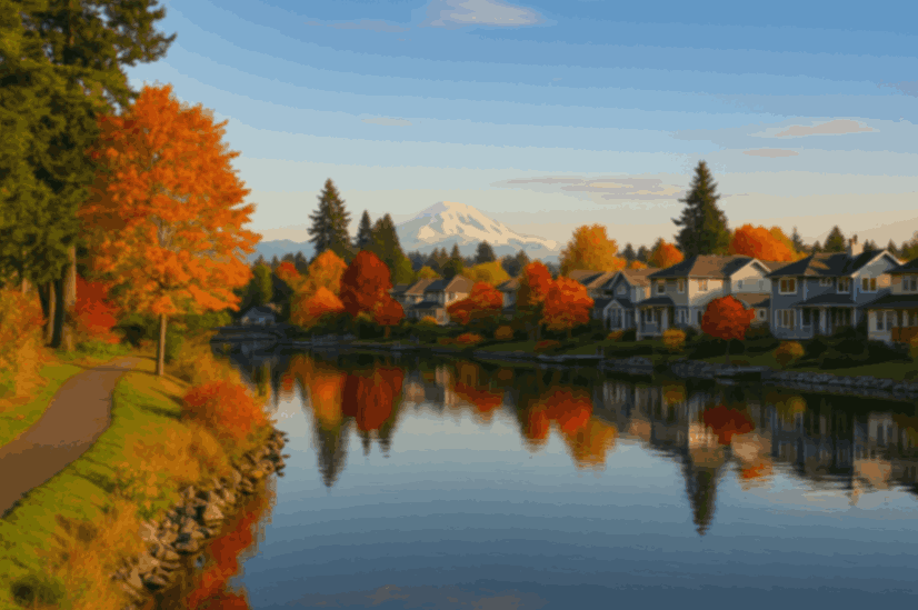 Federal Way, WA lakeside homes with autumn colors and Mount Rainier in background