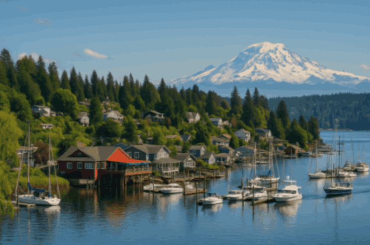 Gig Harbor, WA waterfront with boats, colorful homes, and Mount Rainier in the background