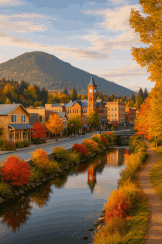 Issaquah, WA downtown with clock tower, autumn foliage, and mountain backdrop