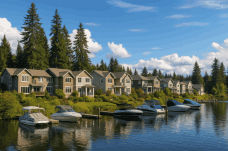 Kenmore, WA lakeside homes with docks, boats, and evergreen trees