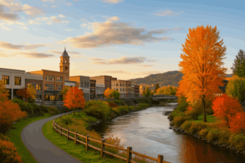 Kent, WA downtown with autumn trees along riverfront and pedestrian path