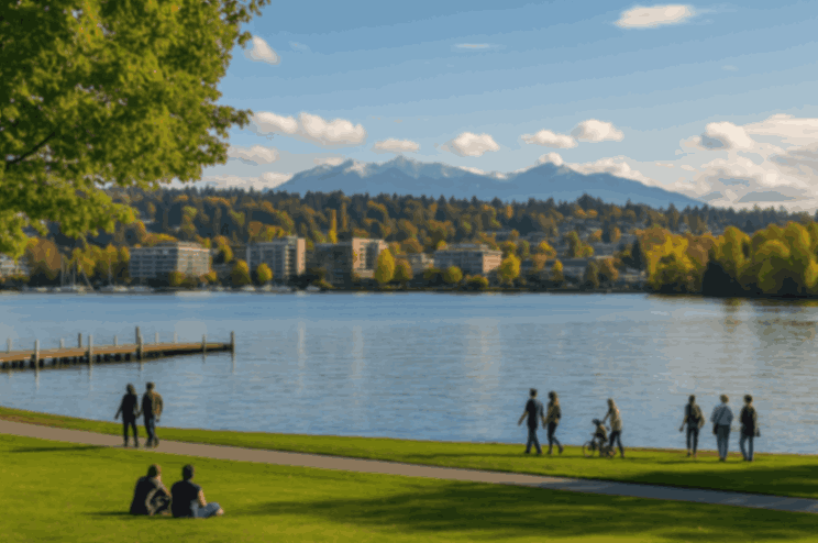 Kirkland, WA waterfront park with people walking and skyline across the lake