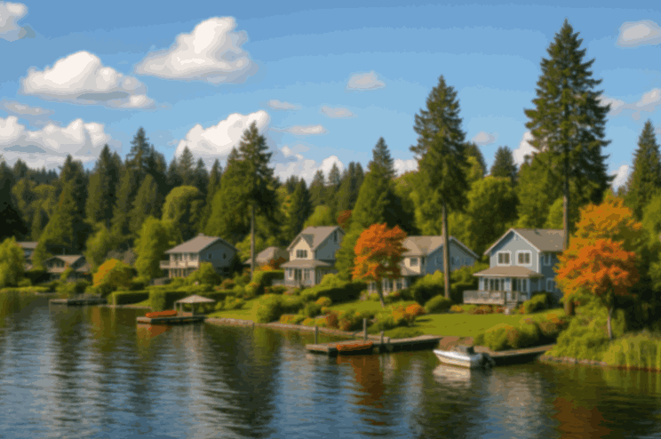Lake Forest Park, WA lakeside homes with autumn trees and docks