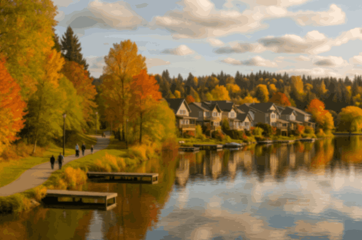 Maple Valley, WA lakeside homes with autumn trees and walking path