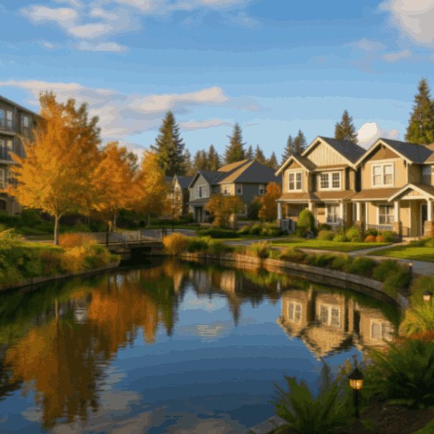 Mill Creek, WA suburban homes with pond, footbridge, and autumn trees