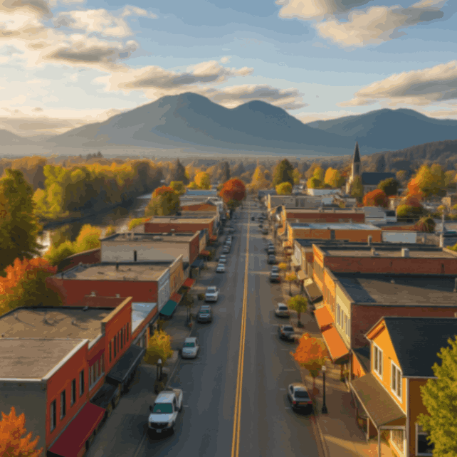 Monroe, WA historic downtown street with autumn trees and mountain backdrop