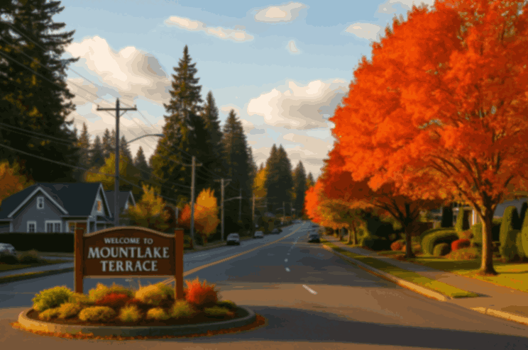 Mountlake Terrace, WA suburban street with autumn trees and landscaped homes