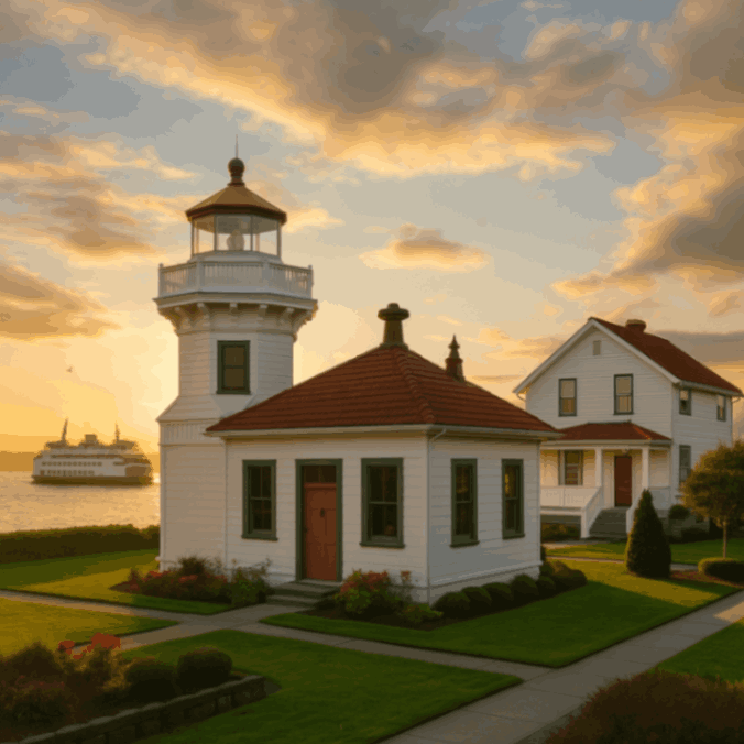 Mukilteo, WA lighthouse with ferry passing at sunset on Puget Sound