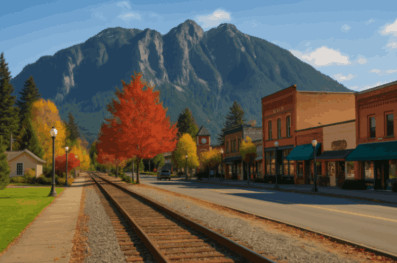 North Bend, WA downtown with Mount Si backdrop and autumn trees