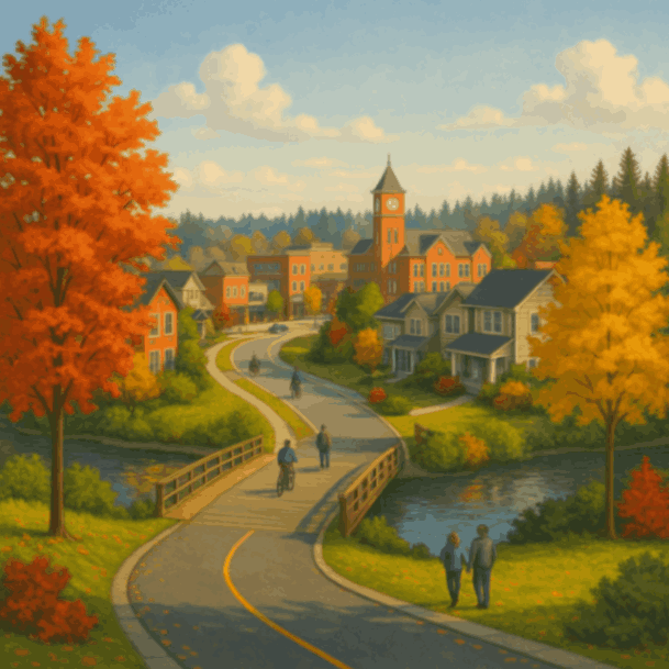 Redmond, WA autumn scene with clock tower, homes, and walking paths over a river