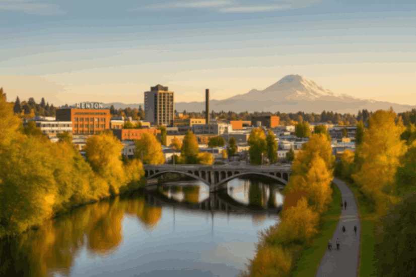 Renton, WA skyline with Cedar River, autumn trees, and Mount Rainier in background