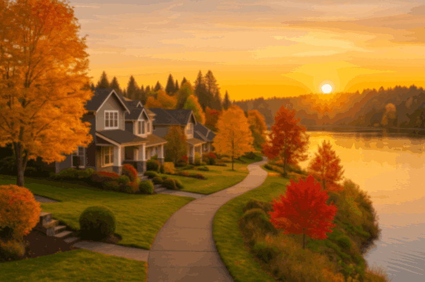 Sammamish, WA lakeside neighborhood with autumn trees and sunset glow