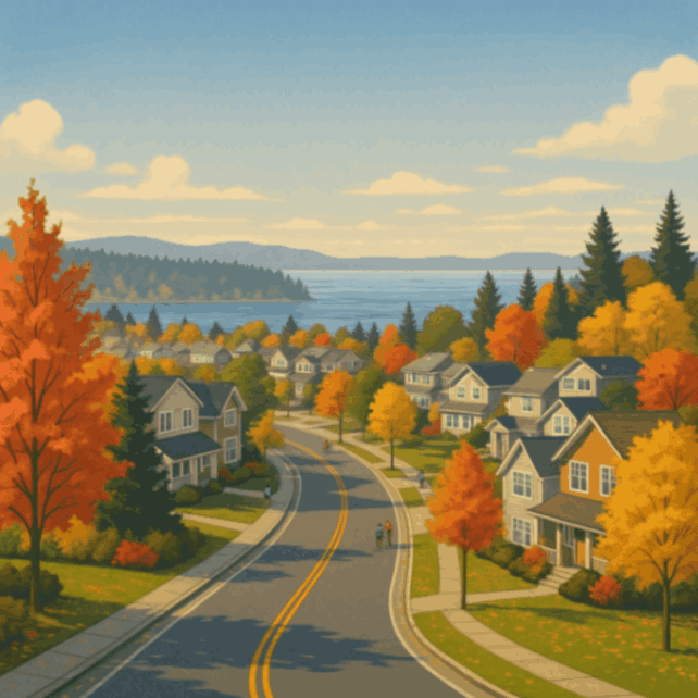 Shoreline, WA neighborhood with autumn trees and waterfront view