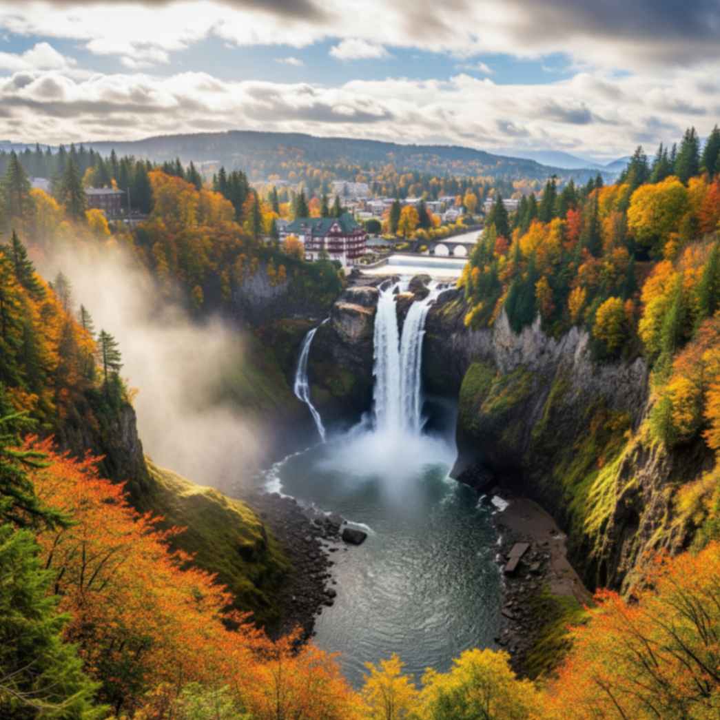 Snoqualmie Falls in autumn with colorful trees and historic lodge