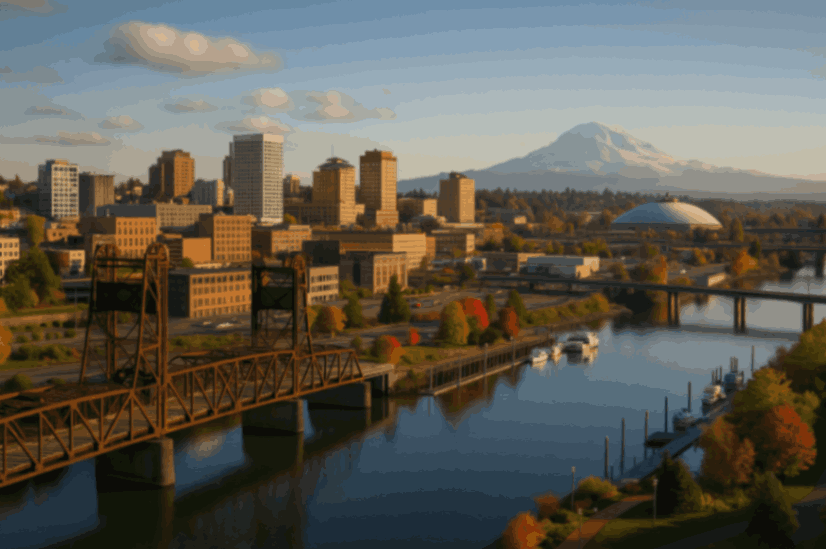 Tacoma, WA skyline with Tacoma Dome, Murray Morgan Bridge, and Mount Rainier in background