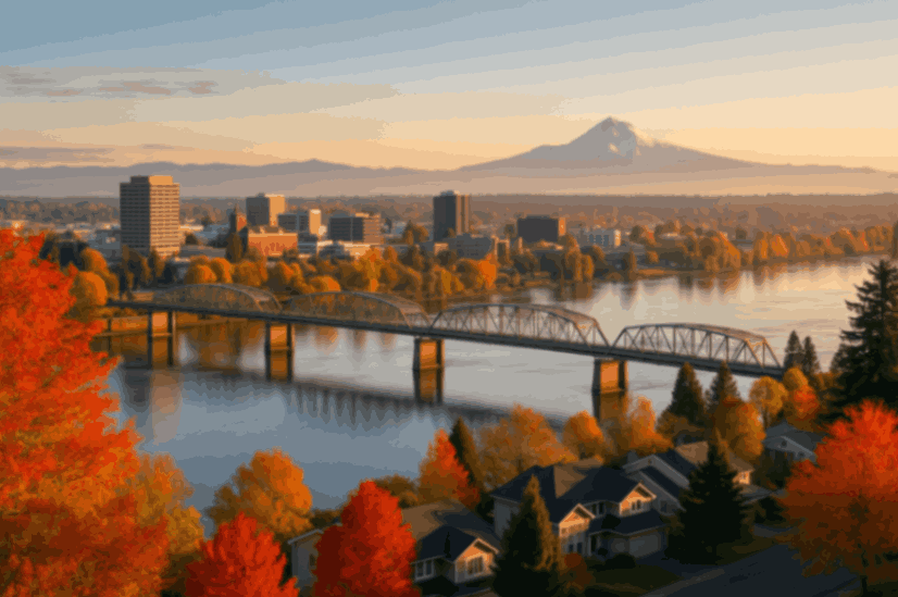 Vancouver, WA city skyline with Columbia River and Mount Hood in the background