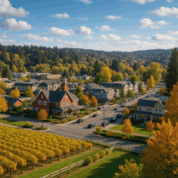 Woodinville, WA vineyards with red barn and downtown in autumn