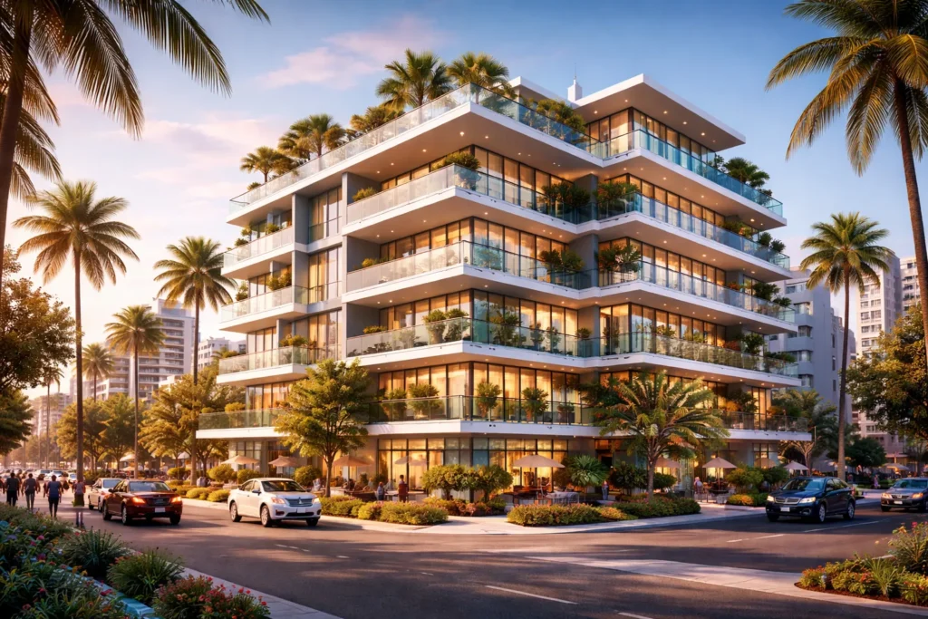 Modern luxury condominium building in Los Angeles with glass balconies, palm trees, and landscaped streetscape managed by AmLo Management.