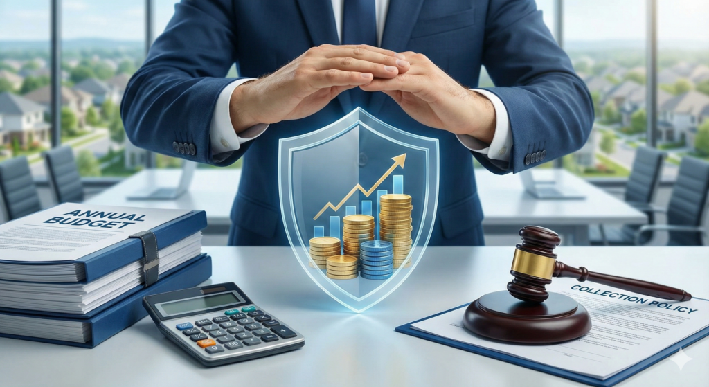 Hands protecting a financial growth graph and coins behind a shield, next to an HOA annual budget book, calculator, and collection policy with a gavel.