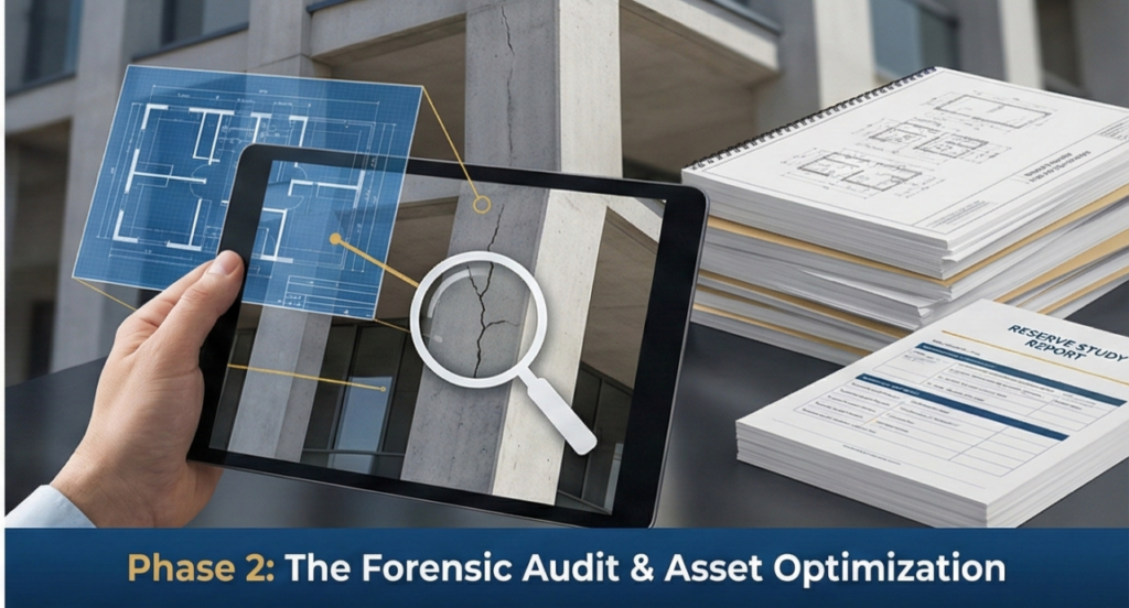 A tablet displaying a structural blueprint and magnifying glass over building infrastructure, representing an engineering-led HOA audit.