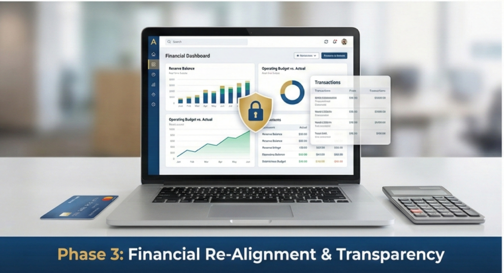 A secure laptop screen showing a real-time HOA financial dashboard with budget-to-actual reports and transparent ledgers.