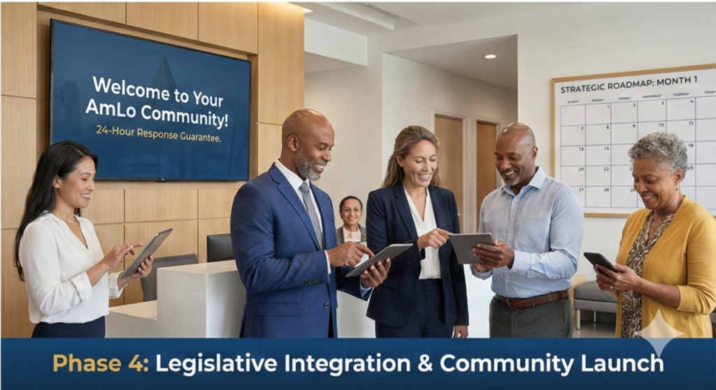 Homeowners and Board members in a modern lobby welcoming the transition to AmLo Management's professional governance.