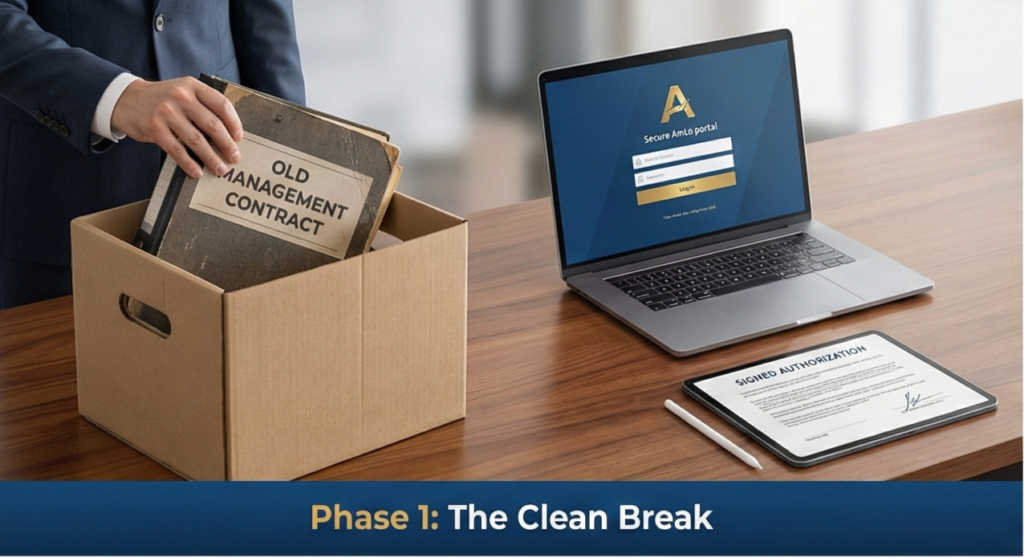 A professional transition from an old HOA management contract to AmLo Management's digital platform.