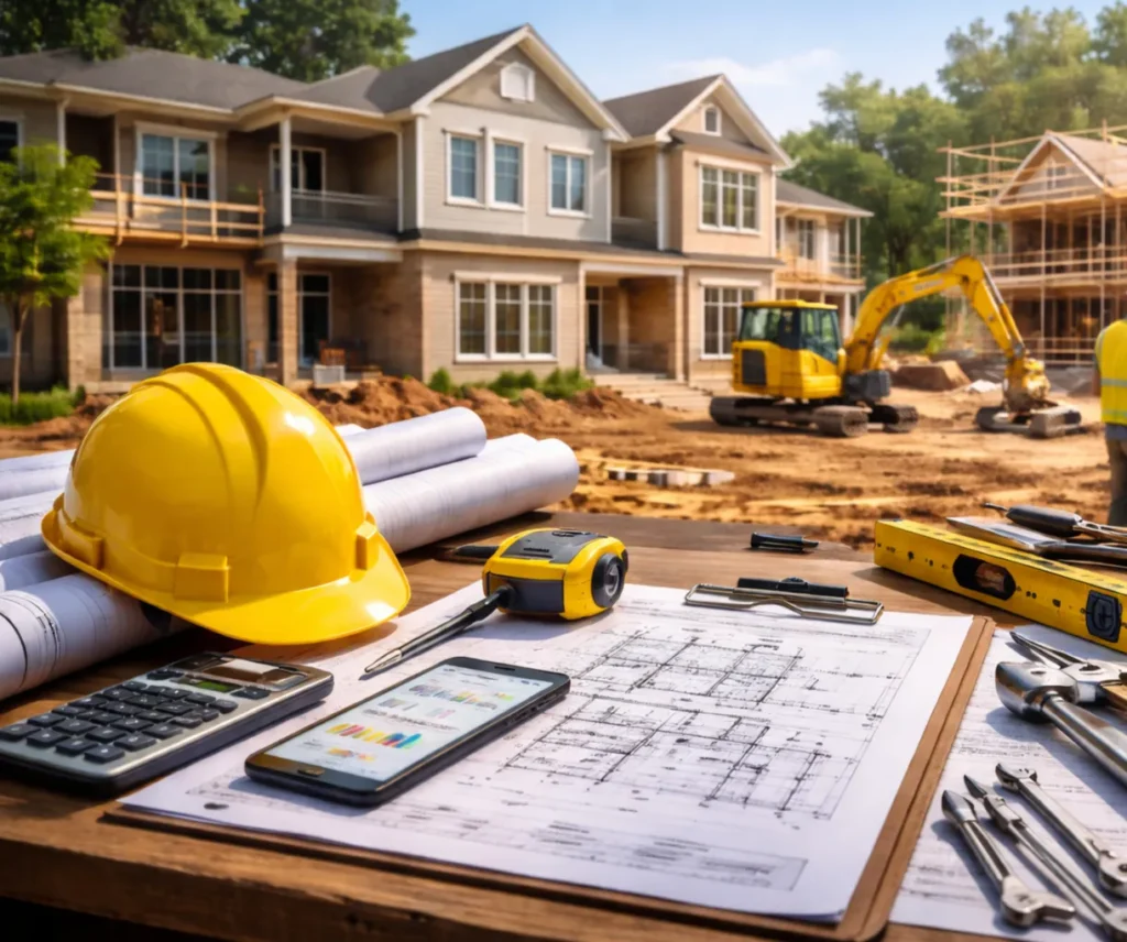 Construction worker framing a new residential development, representing HOA developer transition services.