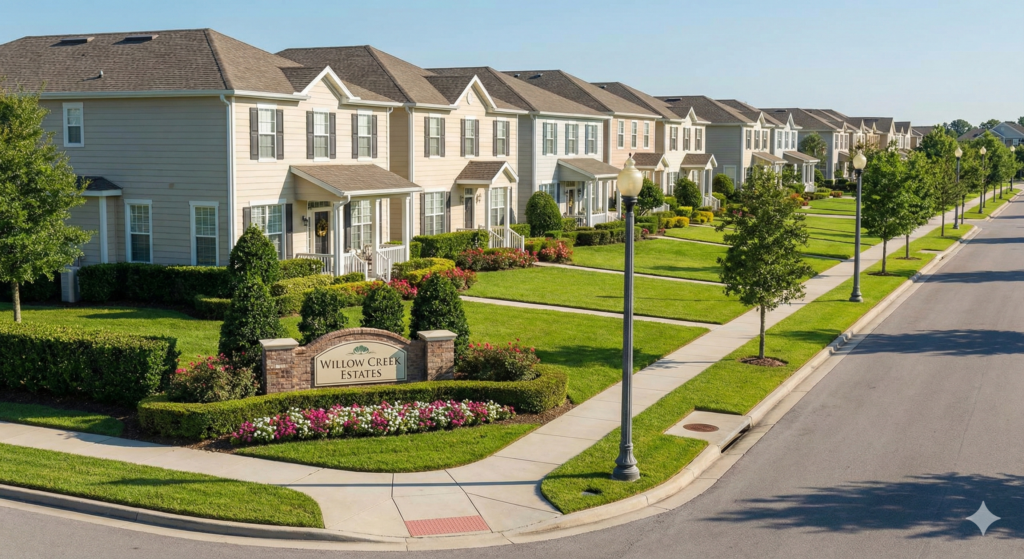 AmLo Management providing proactive HOA management, landscaping oversight, and transparent pricing for single-family communities like Willow Creek Estates.
