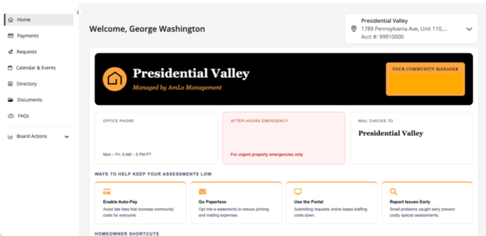 Owner portal home screen screenshot