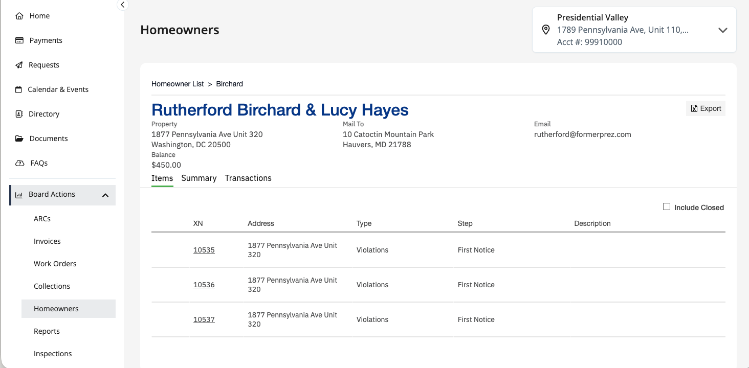 Homeowner communication log screenshot