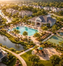Aerial drone view of a master-planned HOA community with clubhouse, pool, tennis courts, walking paths, and landscaped homes that are managed by AmLo Management.